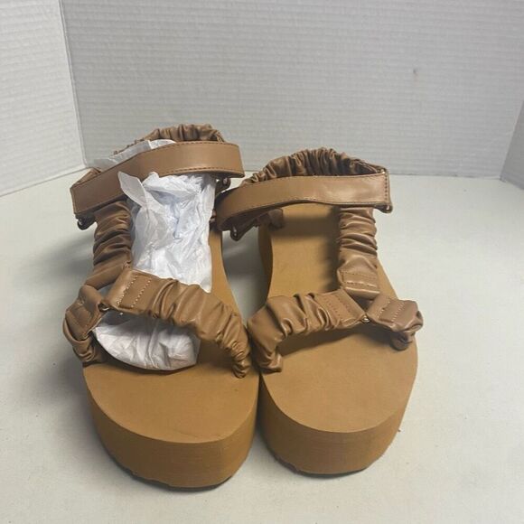 JUST FAB Taneisa Women’s Rusched Strap Wedge Sandal Size 9 Tan - Picture 12 of 12